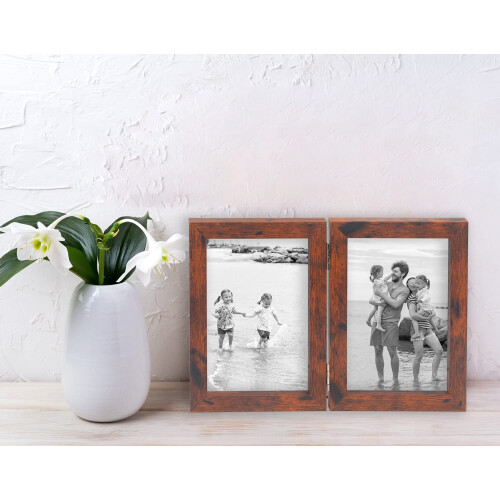 Hinged Double Photo Frame 6x4,Rustic Wood Effect 4x6'' Double Picture 1