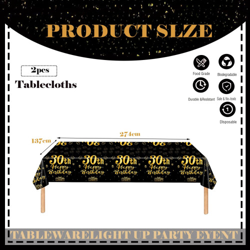 COSORO 2pcs Black Gold Table Cloth, 30th Birthday Table Decoration, 1