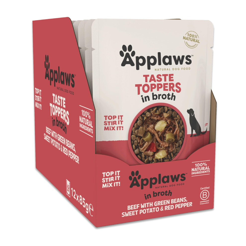 Applaws 100% Natural Wet Dog Food Topper, Grain Free Beef With Vegetables In Broth 85G Pouch (12 X 85G Pouches)
