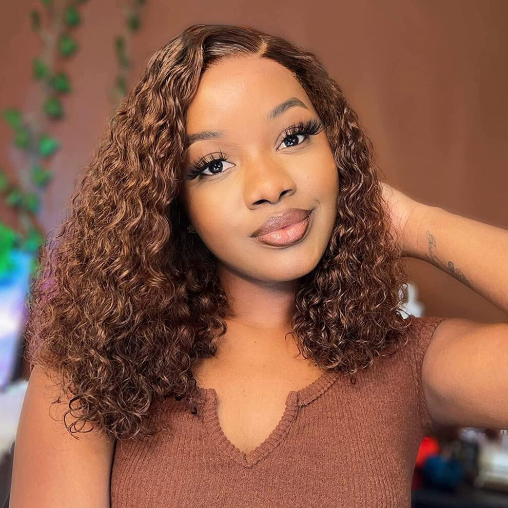 Unisex Brown Short Curly Bob Human Hair Lace Front Wig 13X4 Glueless Pre Plucked Natural Hairline 10 Inch