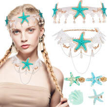 Mermaid Hair Accessories Set with Starfish Headband Necklace and Seashell Clips for Women Girls