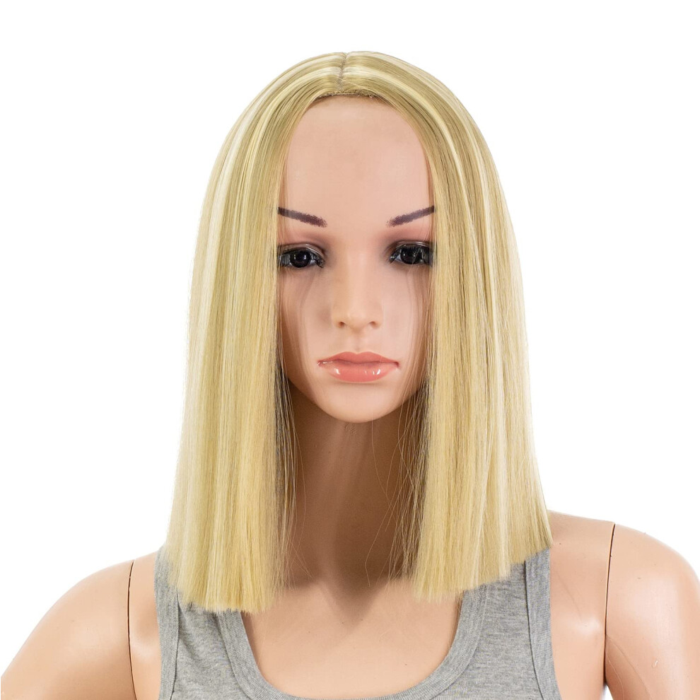 Unisex Short Straight Synthetic Wig 12 Inch Heat Resistant With Middle Part Dirty Blonde Highlights For Women