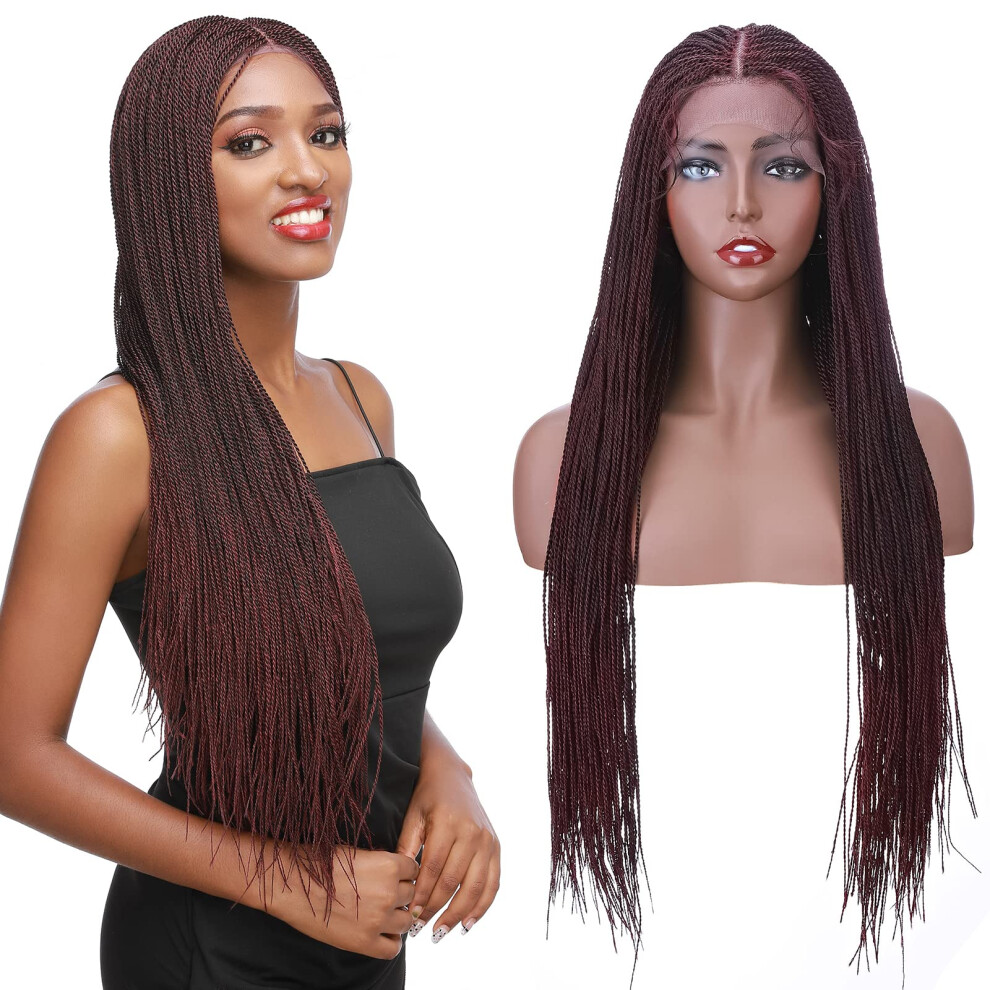 Lace Front Senegalese Twist Braided Wig with Baby Hair, 28 Inch Synthetic Micro Twists for Black Women, Lightweight Burgundy Wine Red