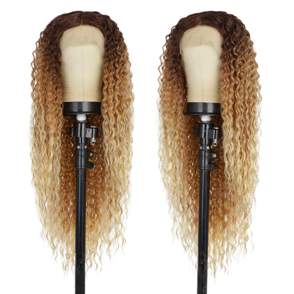 Unisex Ombre Blonde Lace Front Wig 26 Inch Long Curly Synthetic Heat Resistant Natural Hairline