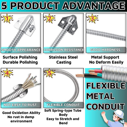 2Pack 16 Inch Stainless Steel Door Cable Protector Flexible Electrical Conduit for Access Control 2