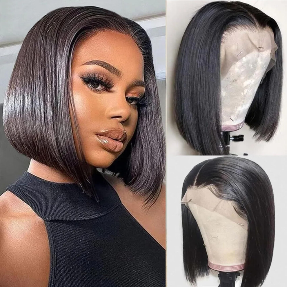 Unisex Black Glueless 13X4 Hd Lace Front Bob Wig 150% Density Natural Hairline Middle Part Short Cut 10'