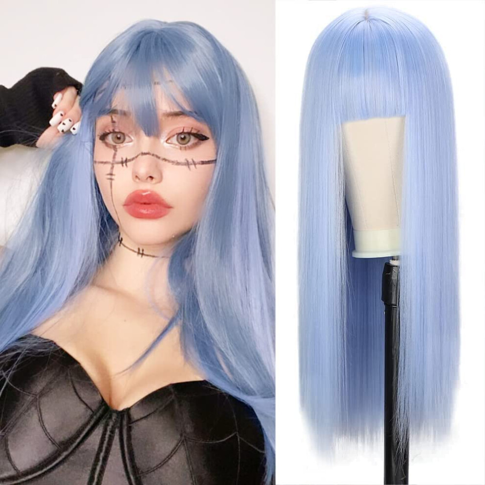 Unisex Blue Wig Long Straight Light Wig With Bangs Heat Resistant Synthetic Hair For Women Cosplay