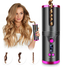 Cordless Automatic Hair Curler with Rotating Ceramic Barrel, Rechargeable Heatless Curling Wand for Travel