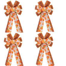 Conjunto de 4 laços de guirlanda de outono de 50x28cm, fita de linho e juta xadrez laranja com estampa de abóbora para festa de Ação de Graças,
