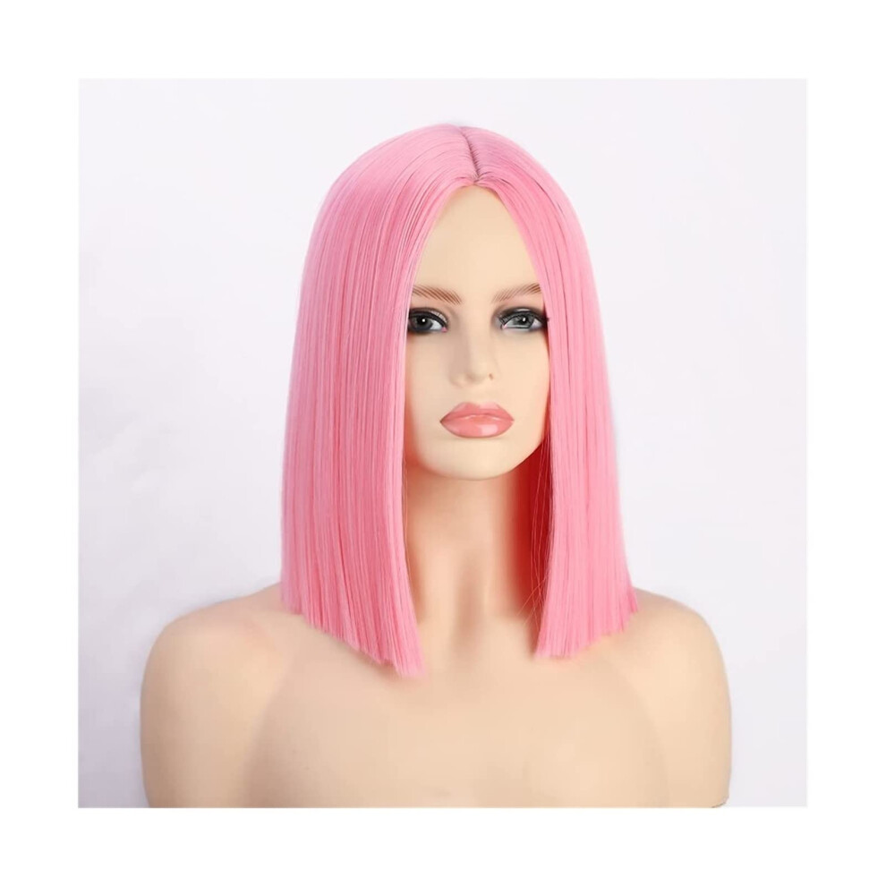 Pink Short Straight Bob Wig Heat Resistant Synthetic Shoulder Length for Women Party Cosplay