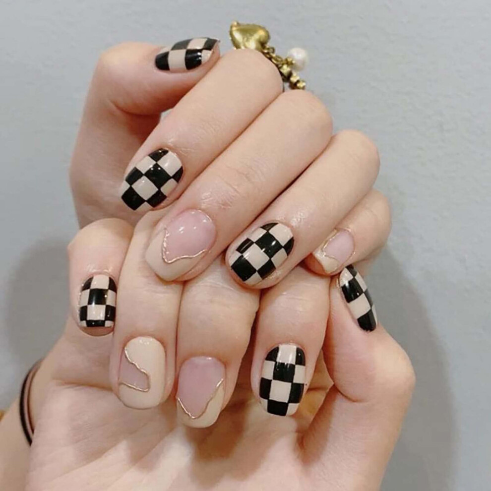 24PCS French Tip Press on Nails Short Coffin with Glue, Ballerina Fake Nails for Women