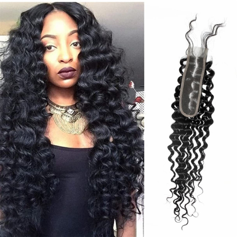 Unisex 12 Inch Brazilian Deep Wave Lace Closure 2X6 Virgin Human Hair With Baby Hair Preplucked Hairline