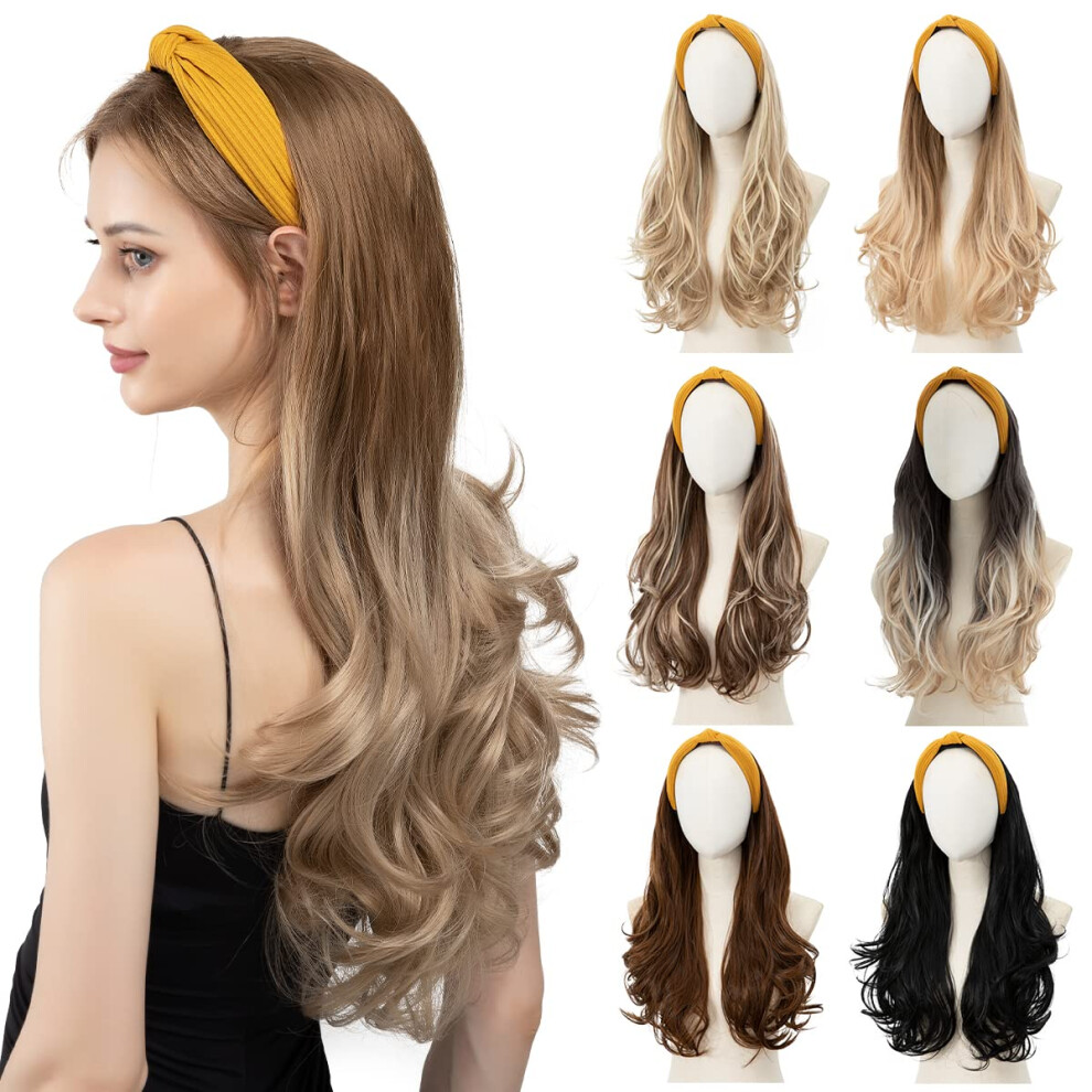 Unisex Brown Headband Wig For Women Glueless Curly Wavy Ombre Dark To Blonde Heat Resistant Hair