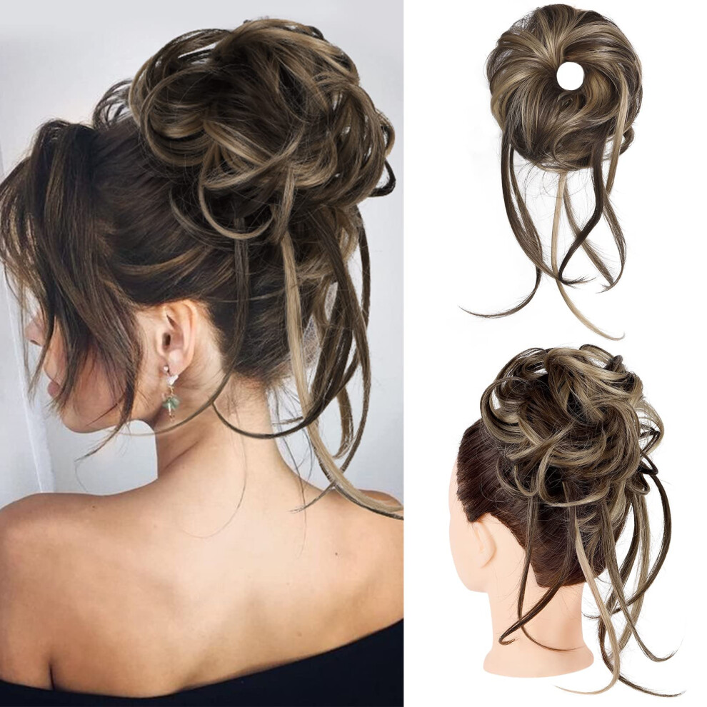 Unisex Brown Messy Bun Hair Piece Chocolate Blonde Highlight Long Wavy Hair Bun Extension With Elastic Band For Instant Volume Boost