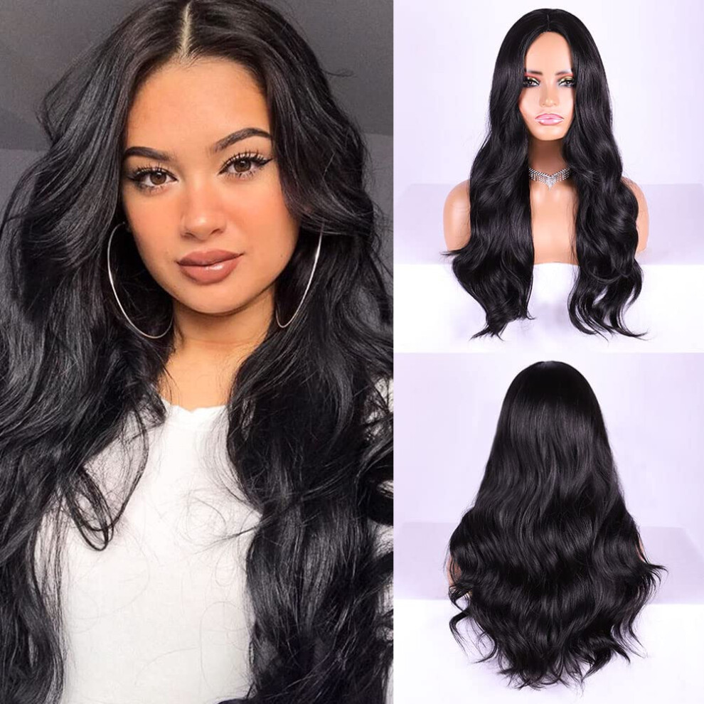 Unisex Black Long Wavy Wig For Women Heat Resistant Synthetic With Natural Middle Part And Elegant Waves
