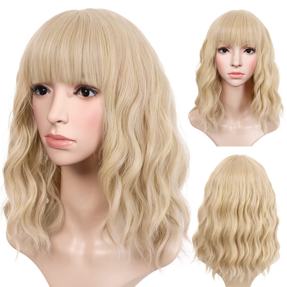 Unisex 14 Inch Blonde Wig With Bangs, Shoulder Length Wavy Curly Bob, Glueless Heat Resistant For Daily Party