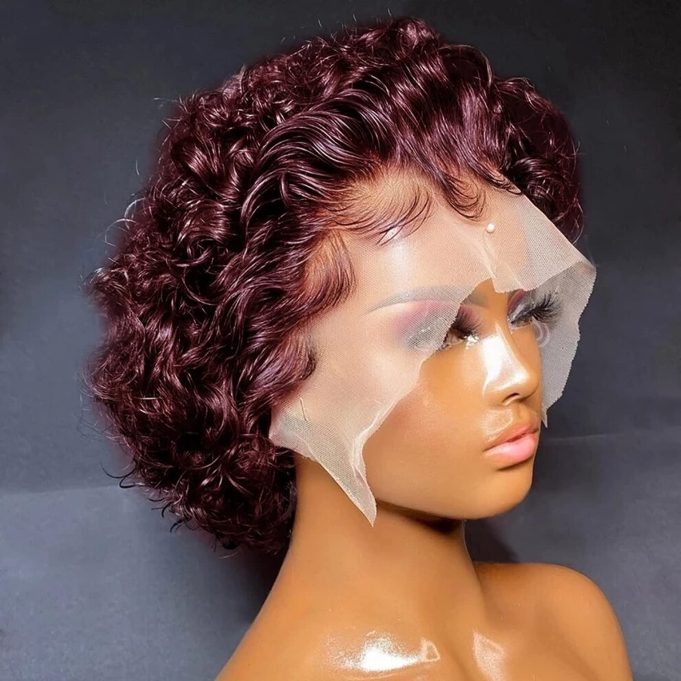 Unisex Red Burgundy Pixie Cut Curly Bob Lace Front Human Hair Wig 13X1 Preplucked 150% Density 8 Inch