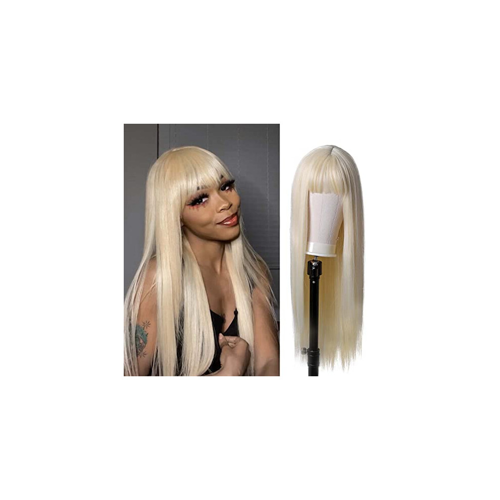 613 Blonde Wig with Bangs 26 Inch Heat Resistant Synthetic Long Straight Hair for Cosplay and Daily Wear