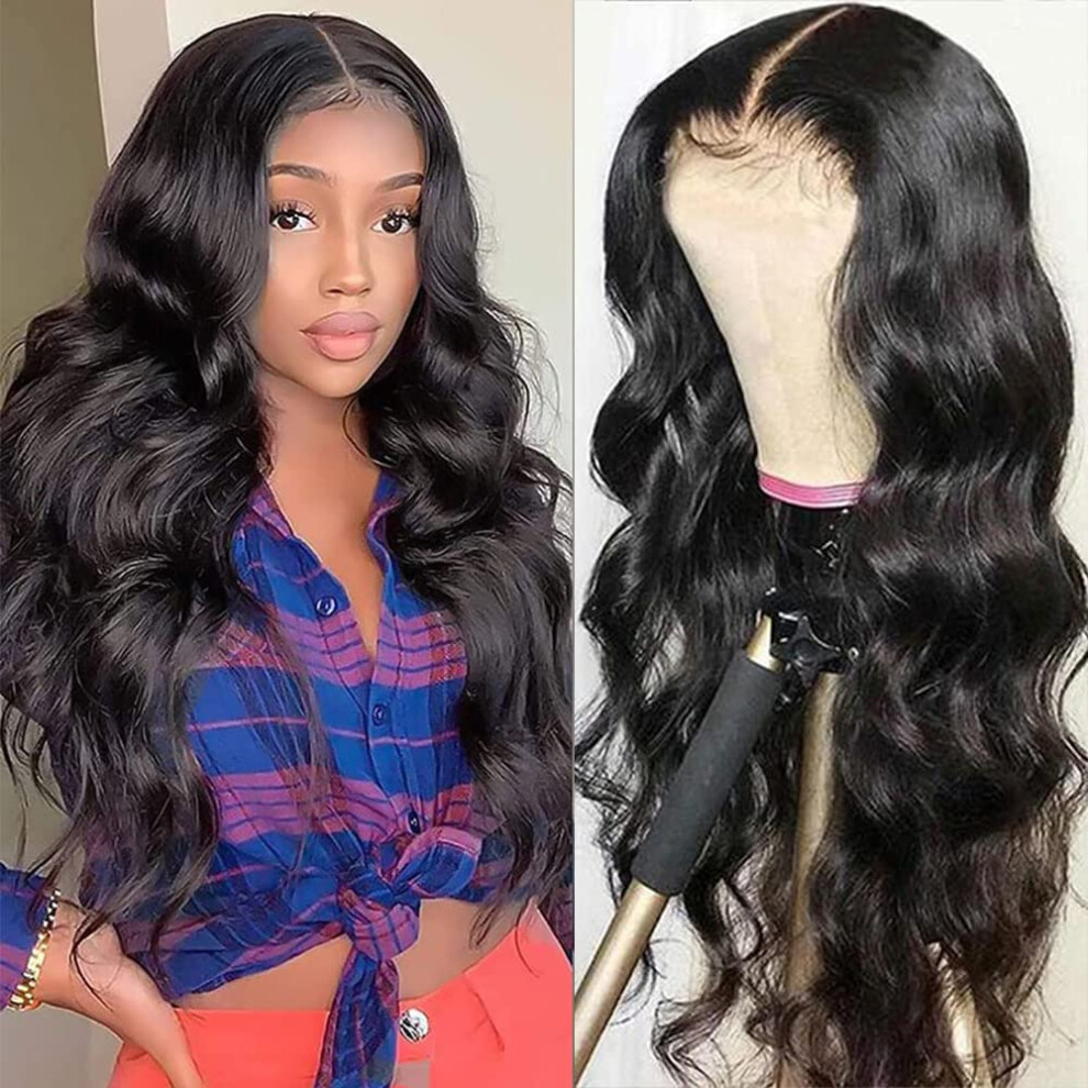 Unisex Black 26 Inch 13X4 Lace Front Wig Human Hair Body Wave 180 Density Pre Plucked Glueless Natural Hairline