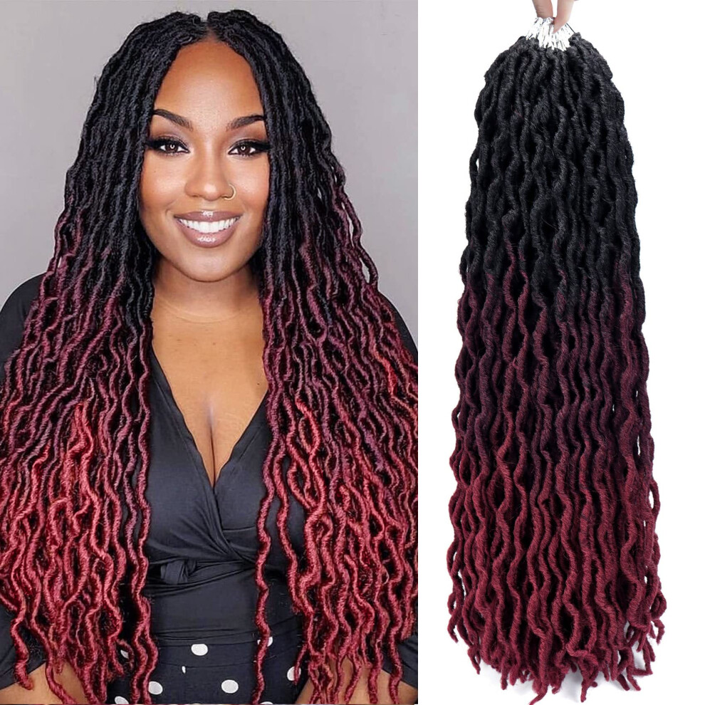 Unisex Red 24 Inch Goddess Faux Locs Crochet Hair Ombre Burgundy Prelooped Soft Locs Extensions 6 Packs 1B/99J/530