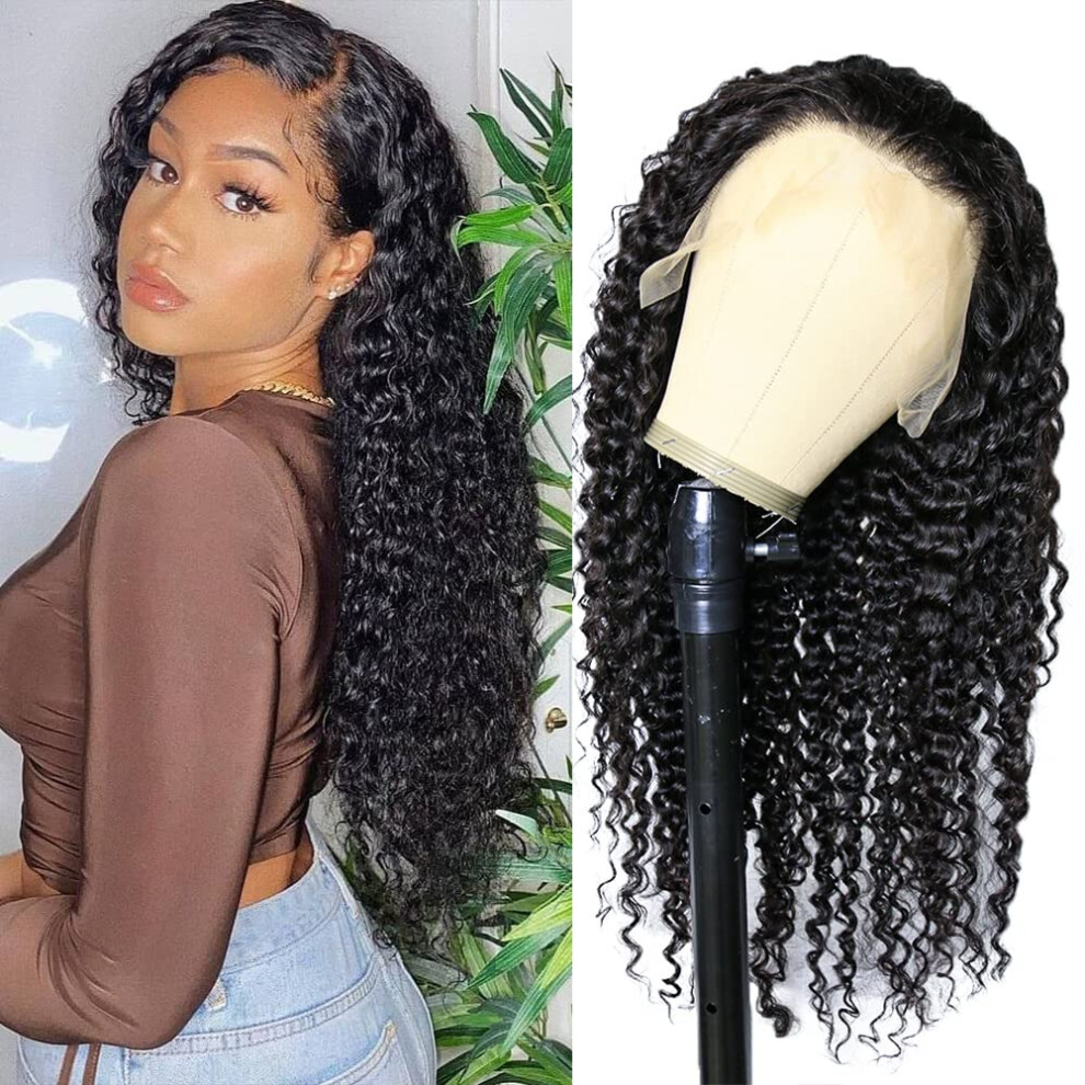 Unisex Black Human Hair Lace Front Wig 13X4 Transparent Brazilian Virgin Afro Kinky Curly Pre Plucked Natural Hairline 16 Inch