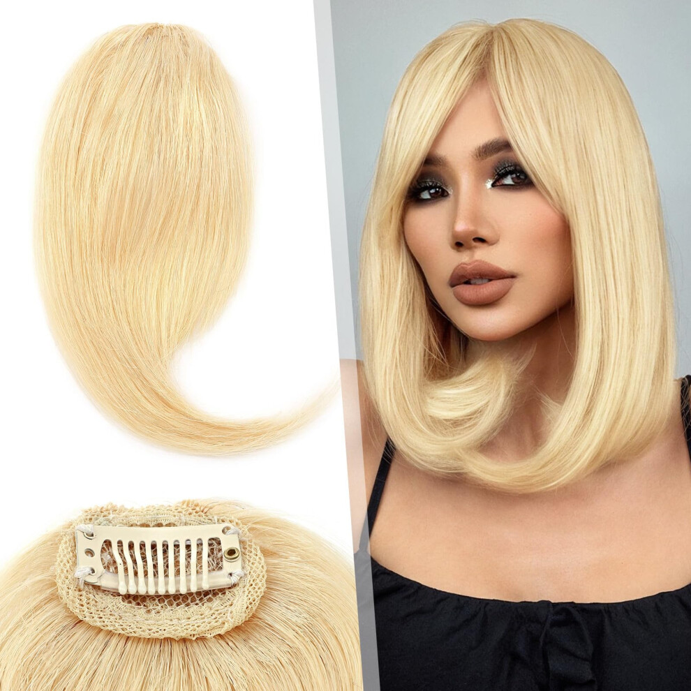 Clip in Bangs Human Hair Extensions, Bleach Blonde Side Swept French Fringe for Instant Face Framing