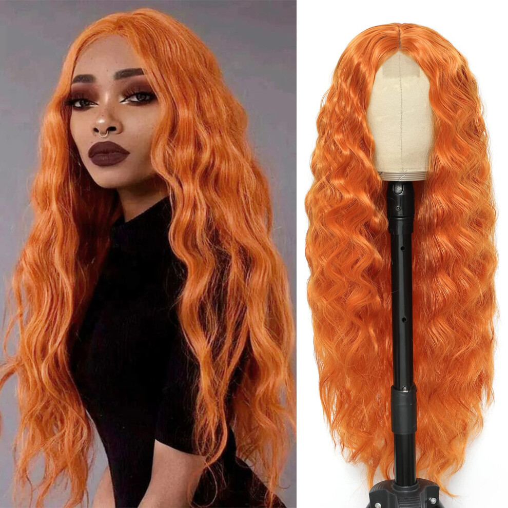Unisex 32 Inch Ginger Lace Front Wig For Women, Long Curly Synthetic Deep Wave Wig With Realistic Hairline
