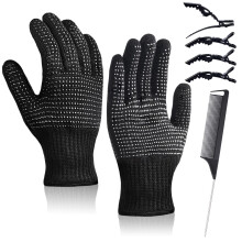 Heat Resistant Gloves for Hair Styling with Silicone Grip Clips and Comb, Universal Size