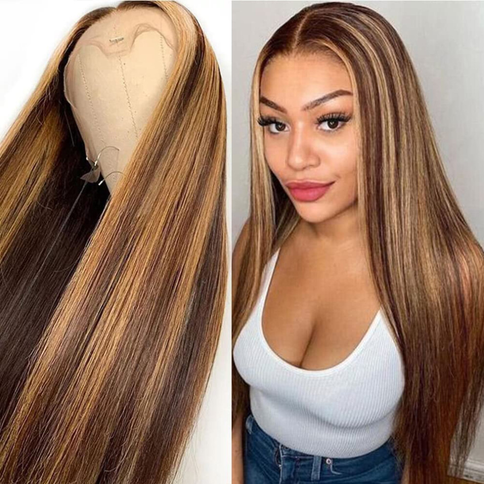 Unisex Brown Glueless Brazilian Straight Human Hair Lace Front Wig 22 Inch Ombre Honey Blonde Highlight 150% Density