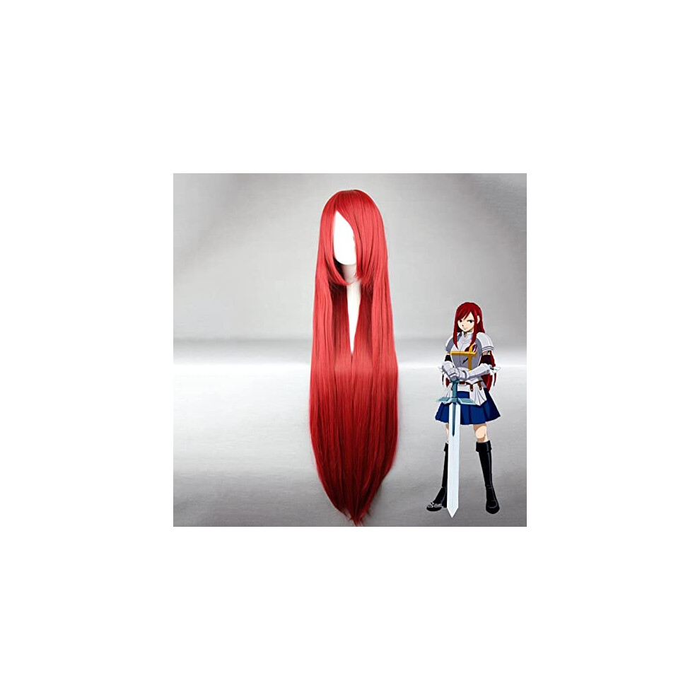 Unisex Red Fairy Tail Erza Scarlet Long Straight Cosplay Wig Heat Resistant With Wig Cap