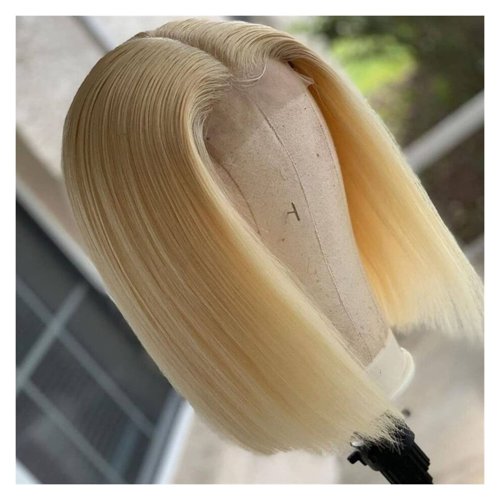 Unisex Blonde Human Hair Wig 613 Lace Front Bob Brazilian Straight 13X1 Pre Plucked 150% Density 816 Inch