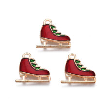 10 Weihnachtsanhänger aus Emaillelegierung, cadmium- und bleifrei, hellgoldene Schlittschuhschuhe, dunkelrot, 14 x 15 x 3 mm, Loch: 1,5 mm