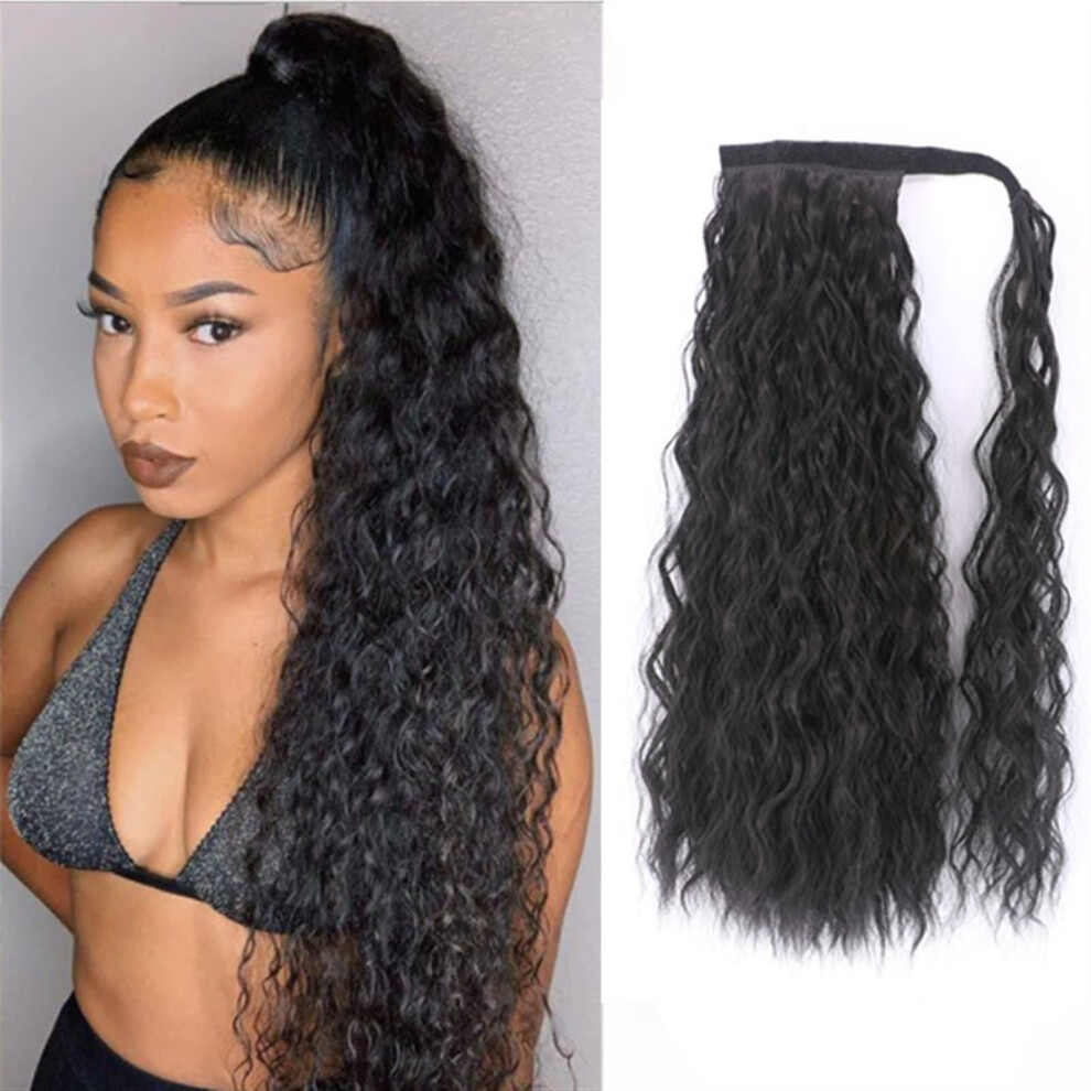 Unisex Black Ponytail Hair Extension 24 Inch Wrap Around Heat Resistant #1B Yaki Texture Hairpiece