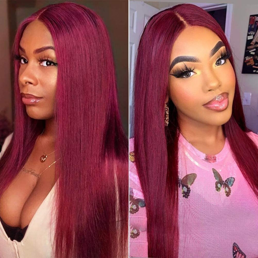 26 Inch Burgundy Human Hair Lace Front Wig 150 Density Straight Brazilian 99J Preplucked