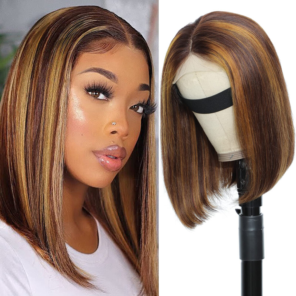 12 Inch Straight Human Hair Bob Wig, Ombre Brown Honey Blonde Highlight 4x1 T Part Lace Front