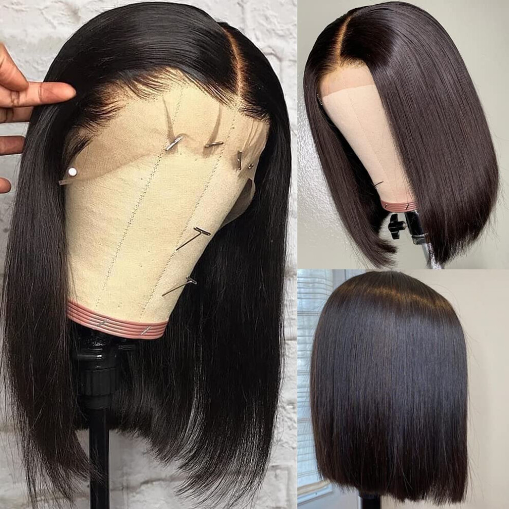 Unisex Black Bob Wig Human Hair 14 Inch 1B Lace Front Brazilian Remy, Natural Hairline, Full Density