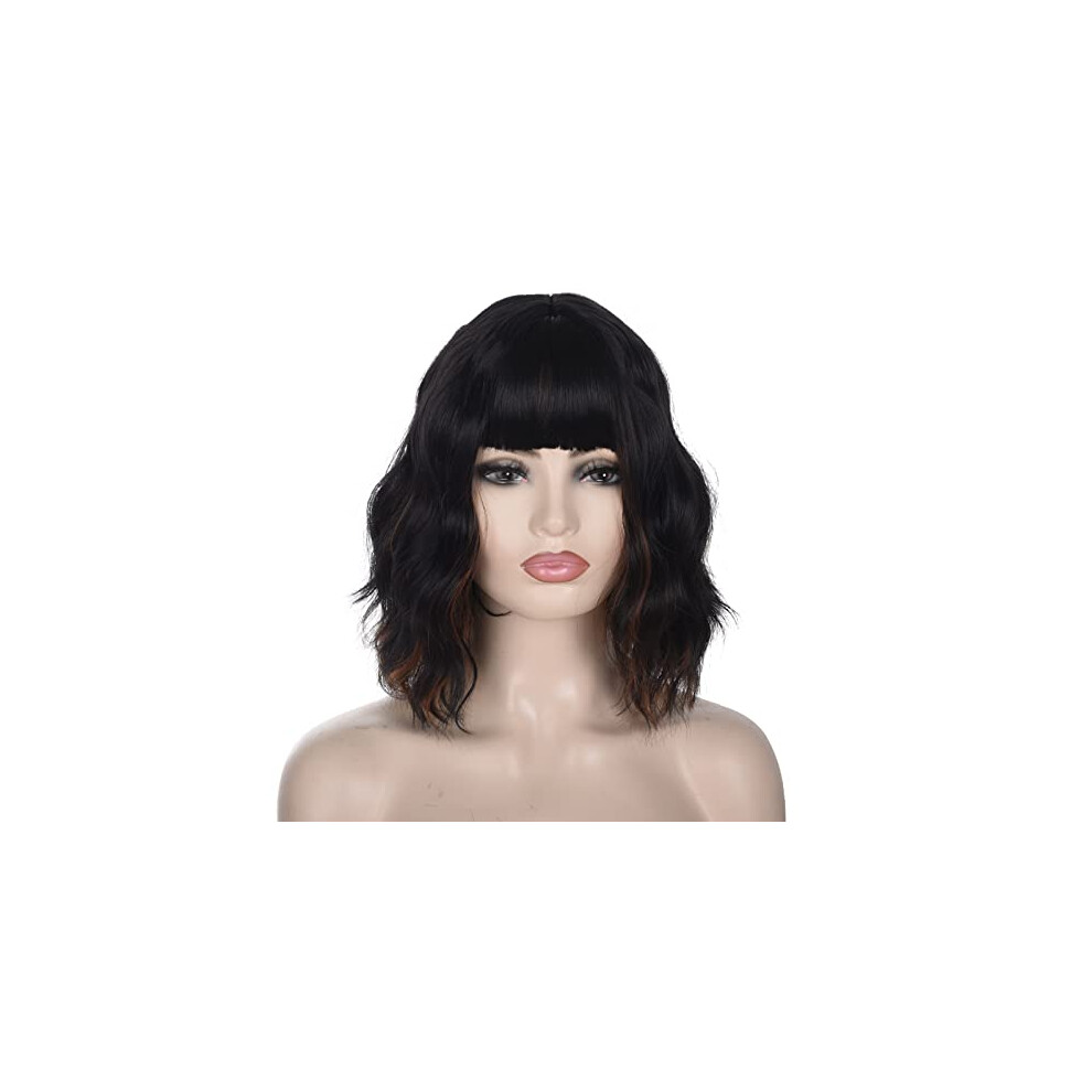 Short Curly Bob Wig with Bangs Heat Resistant Synthetic Natural Soft Curls Adjustable Fit Black Brown