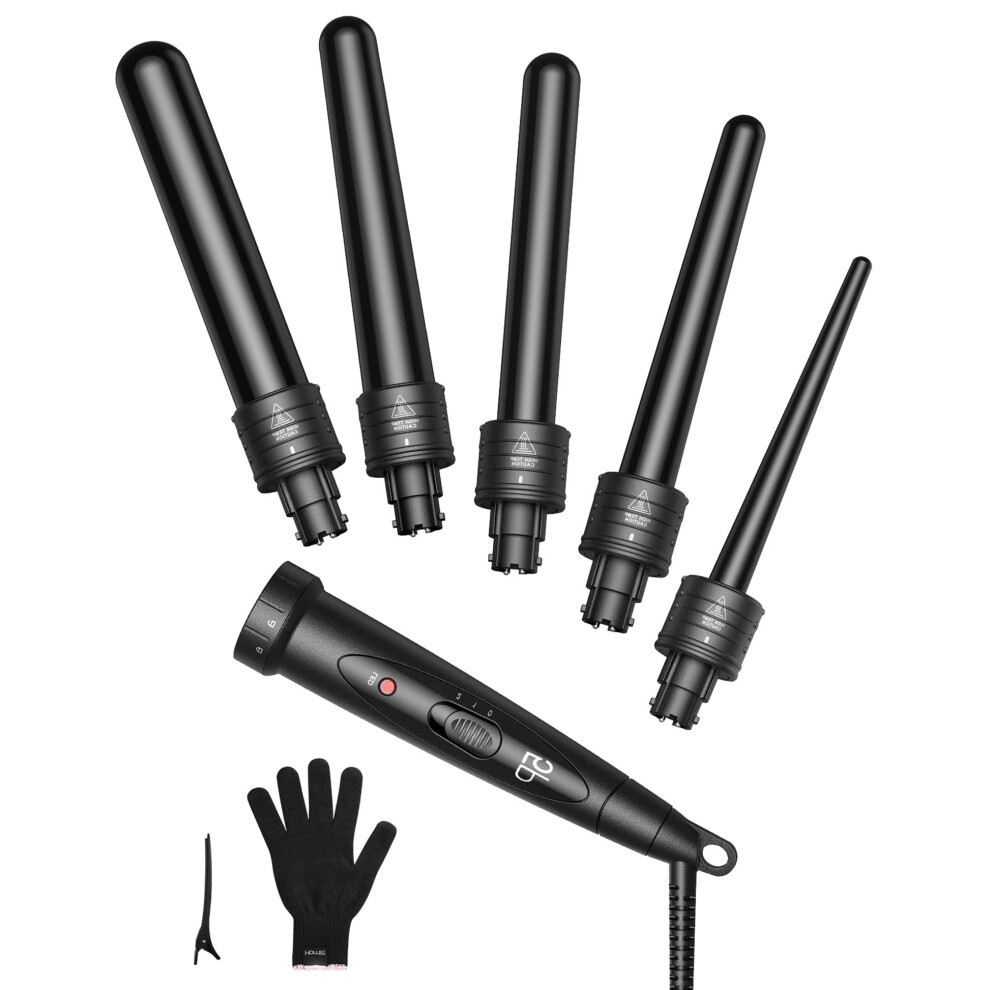 Curling Wand Set with 5 Interchangeable Barrels, Tourmaline Ceramic, Fast Heat Up, Dual Voltage