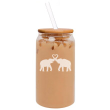 IJskoffiebeker van 473 ml in blikvorm met bamboe deksel en rietje, cadeau met olifantjes die een hartje maken