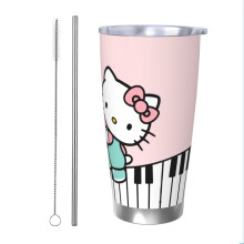 Izolovaný hrnek Hello Kitty s výklopným víčkem a brčkem o objemu 20 oz, udržuje nápoje studené i teplé, nerezový hrnek do auta, dárek pro