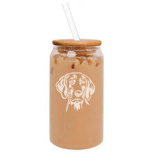 16oz Can Shaped Glass Iced Coffee Cup with Bamboo Lid and Straw Gift Weimaraner Face