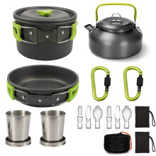 Outdoor Camping Cookware Set Cooking Carabiner Travel Tableware Cutlery Utensils Hiking Picnic Cookware Set 2-3 Person (Green)