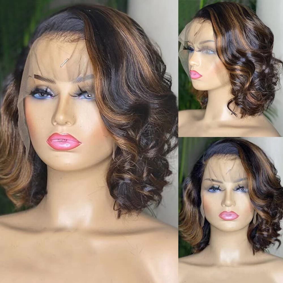 Unisex Black,Brown Human Hair Lace Front Wig Highlight Brown Body Wave Bob 13X6 Hd Glueless Pre Plucked Ombre Brazilian Virgin Hair 150% Density For Black Women 12 Inch