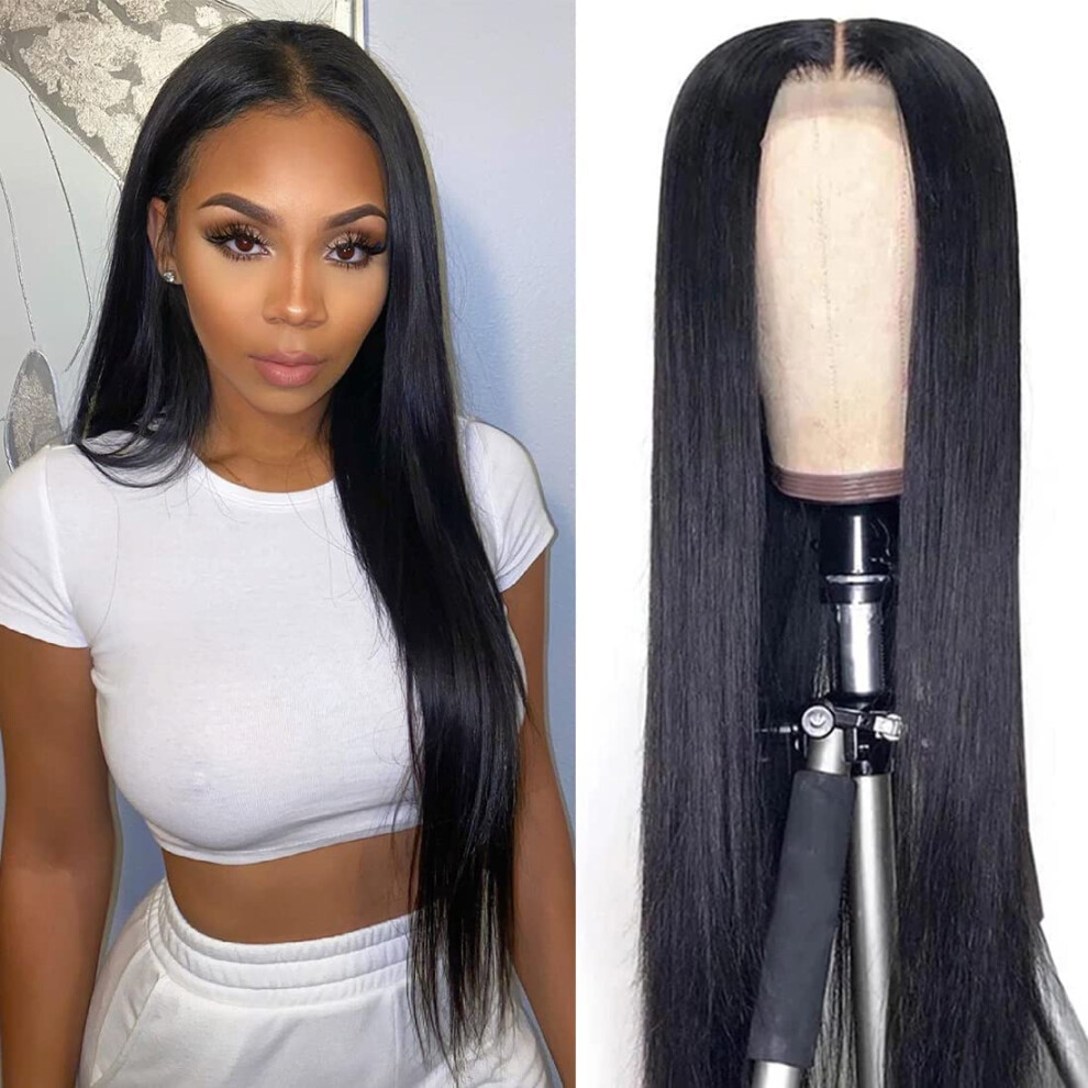 Unisex 18 Inch Straight Human Hair Lace Front Wig Glueless Pre Plucked Brazilian Virgin 4X4 Closure
