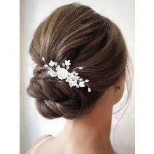 Bridal Hair Comb with Rhinestones and Pearls, Silver Floral Wedding Hair Accessory Leaf Design