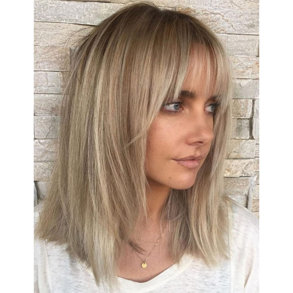 Unisex Short Ombre Blonde Human Hair Bob Wig With Bangs Layered Straight Glueless Cap For Daily Wear
