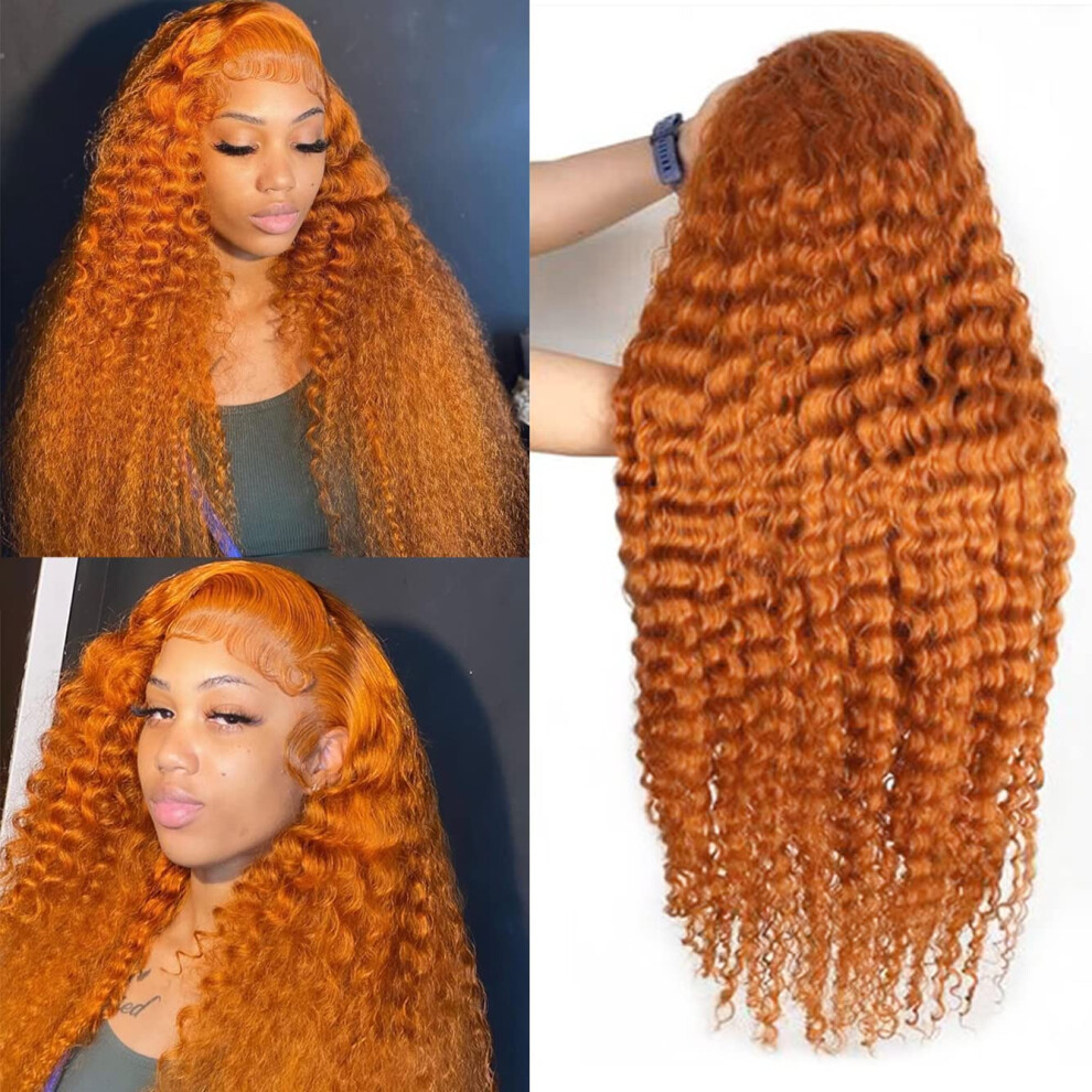 Unisex Orange 26 Inch Ginger Body Wave Human Hair Lace Front Wig 13X4 Preplucked Brazilian Virgin Hair 150% Density