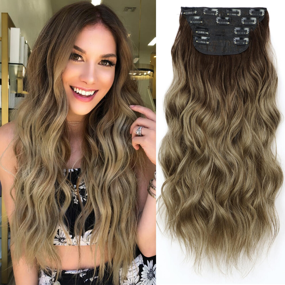 Unisex Brown 20 Inch Ombre To Ash Blonde Clip In Hair Extensions, Double Weft Long Wavy Synthetic Hair For Women