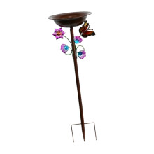 Freestanding Bird Bath Bowl with Stake, WeatherResistant Iron, Butterfly Flower Design for Garden Porch