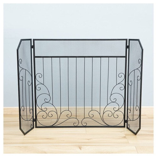 Rustic Wrought Iron Fireplace Screen, Three Panel Folding Spark Guard for Wood Burning Stove